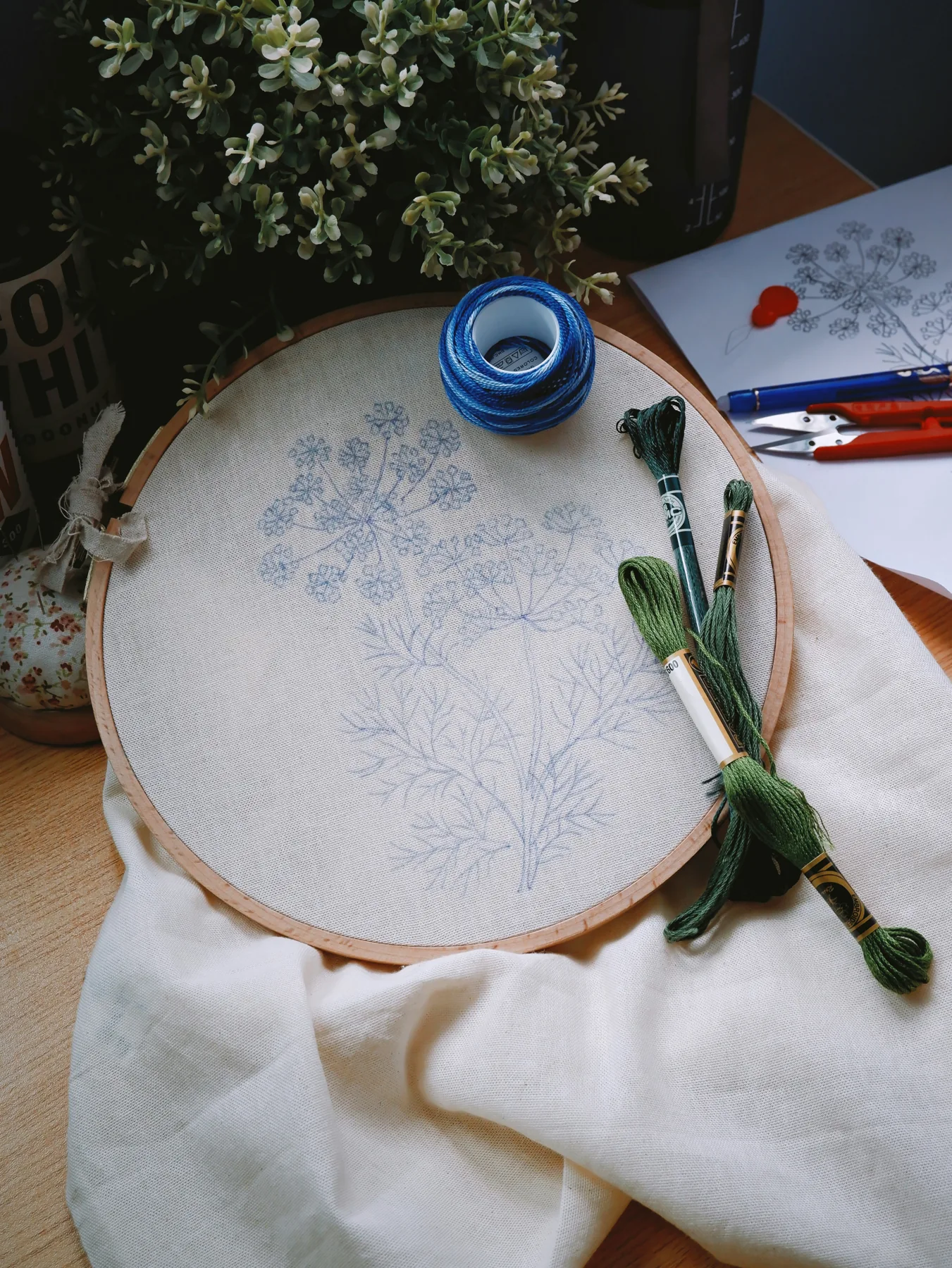 Embroidery hoop, thread and design preparation workspace