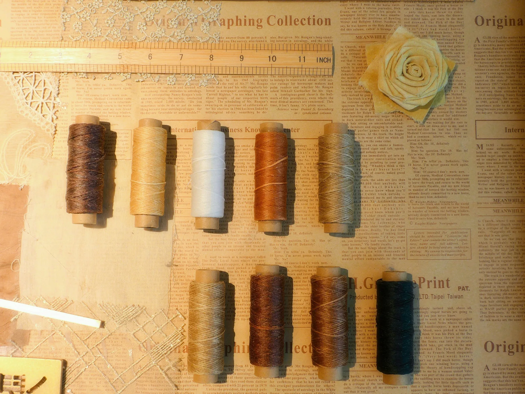 Embroidery thread and sewing materials arranged on a work surface