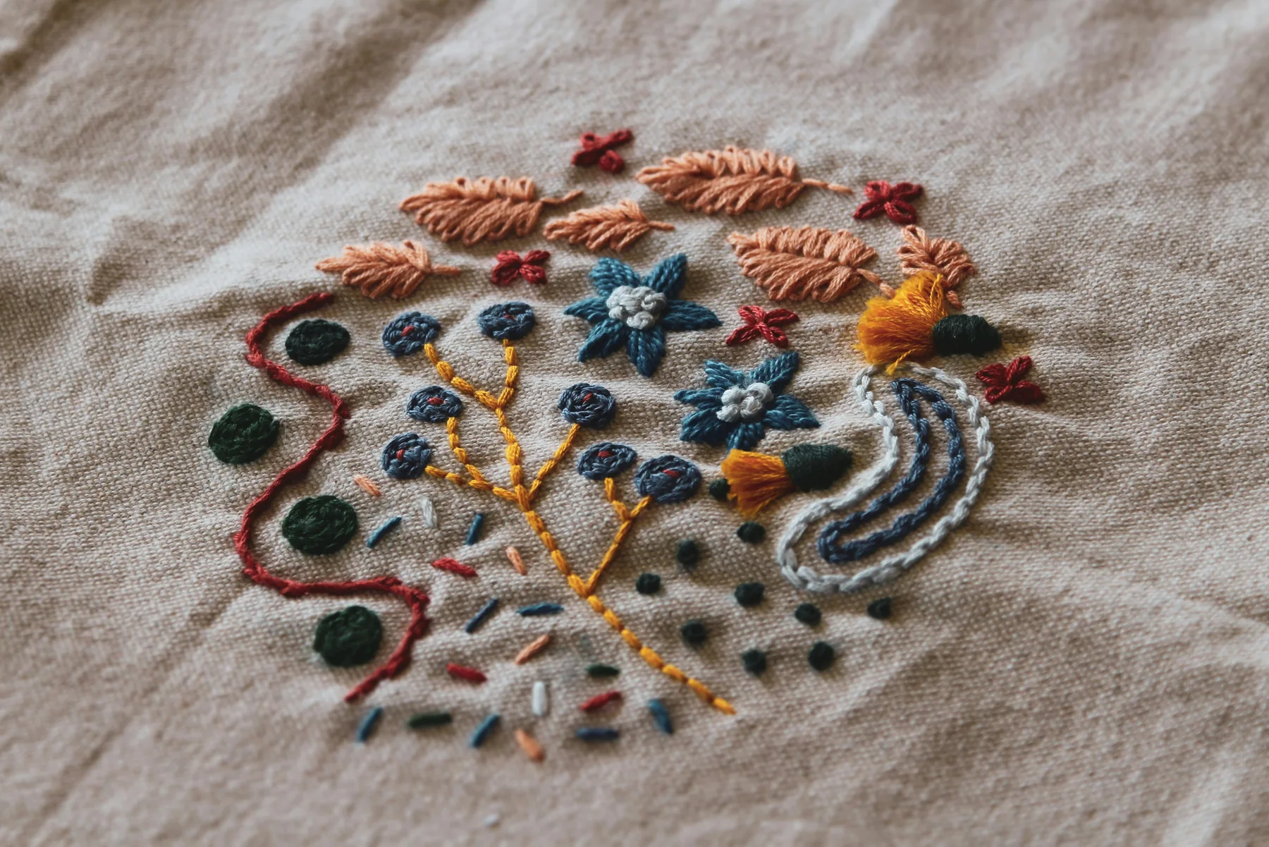 Detailed embroidery sample stitched on fabric